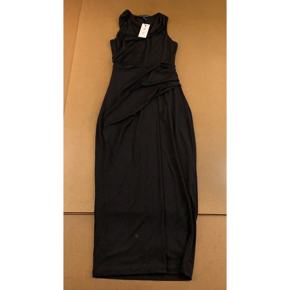 Dynamite Womens Size XXS Fitted Black Sleeveless Draped Sculpting Maxi Dress NWT
